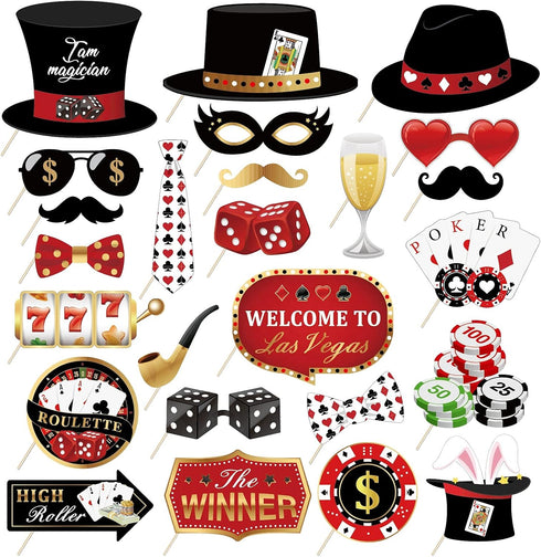 25Pcs Casino Photo Booth Props with Stick, Las Vegas Theme Selfie Props, Poker Night Birthday Party Supplies, Gambling Blackjack Photography Backd...