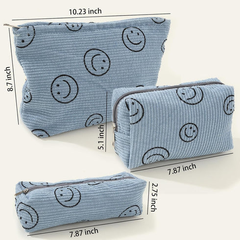 Cosmetic Bag 3PCS Pencil Pouch Smiley Face Bag Corduroy Cosmetic Bag Aesthetic Women Handbags Purses (BLUE)...