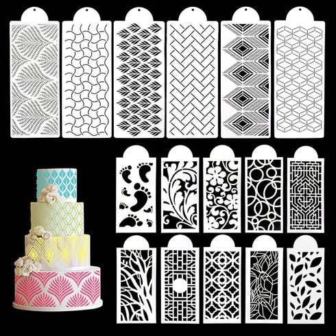 DI QIU REN 16PCS Cake Stencils for Decorating Buttercream, 15X5.9 Inch Fondant Template, Lace & Geometric Icing Printing Mold, Side Baking Mesh...