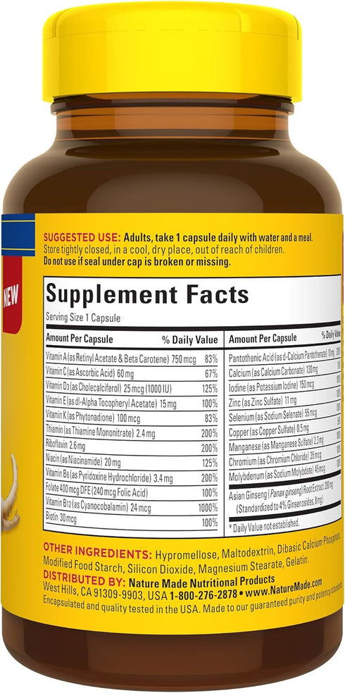 Nature Made Multi + Ginseng, Daily Energy Multivitamin for Adults, One Per Day Vitamin, 60 Capsules...
