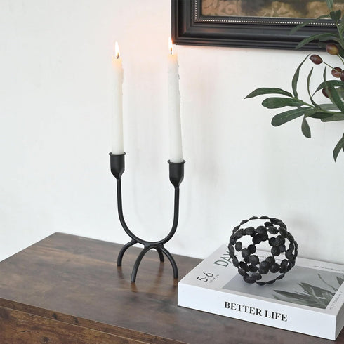 Hand Forged Iron 2Arm Candelabra Black Candle Holder Taper Candle Sconces for Table Centerpiece, Wedding Reception, Festive Christmas Mantel Decor...