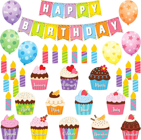 45 Pieces Happy Birthday Bulletin Board Set Birthday Bulletin Board Decorations Classroom Birthday Chart Birthday Calendar Balloon Candle Cupcake ...