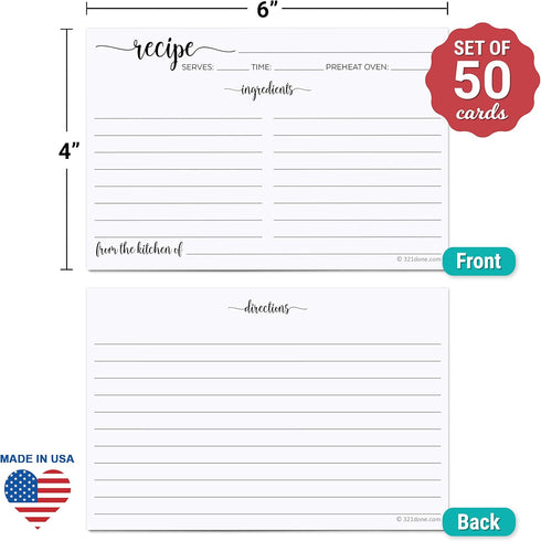 321Done Recipe Cards (Set of 50) 4x6 - White - from The Kitchen of - Large Double-Sided Premium for Weddings, Bridal Shower, Baby - Made in USA - ...