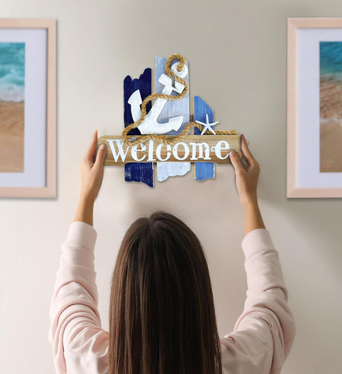 CoTa Global Atlantic Anchor Welcome Nautical Decor Sign - Nautical Themed Wood Sign, Beach Decor for Wall, Novelty White and Blue Starfish and Anc...
