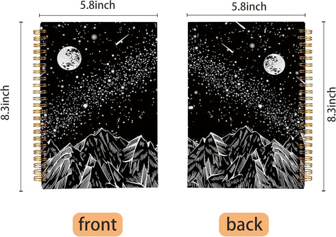 Mountains Moon Celestial Starry Night Notebook, Boho Notebook, Dark Aesthetic Journal, Aesthetic Notebooks for School, Black and White Spiral Note...