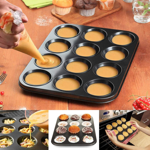 Muffin Pan, 12 Cupcake Pan, 2 Sets of Nonstick Brownie Bakeware Muffin Tin, Cupcake Tray, Baking Pan for Kitchen Oven, Black 13.9 x 10.5 x 1.2 inc...