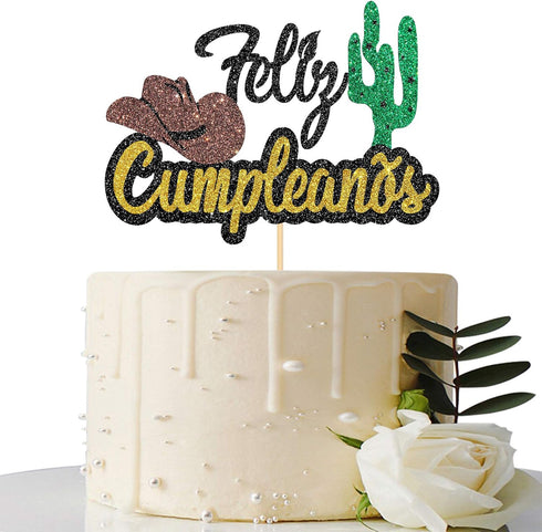 Black Glitter Feliz Cumpleaños Cake Topper - Spanish Happy Birthday Cake Topper - Adults/Teen's Birthday Party Decorations...