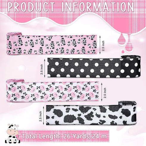4 Rolls Cow Print Wired Ribbon 24 Yard 2.5 Inch Pink Black and White Striped Cow Spot Animal Print Ribbon for Wreath Bow DIY Crafts Christmas Part...