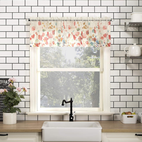 No. 918 Rosalind Watercolor Floral Semi-Sheer Rod Pocket Kitchen Curtain Valance and Tiers Set, 54" x 24", Poppy Red...