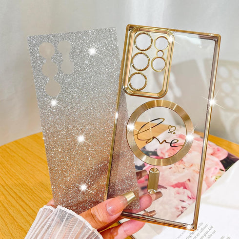 Fiyart Designed for Samsung Galaxy S22 Ultra Case,Compatible with MagSafe Love Heart Plating Camera Protection Clear Phone Case, Magnetic Glitter ...