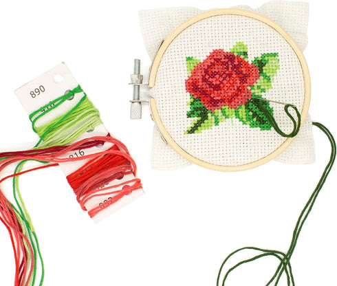 Kikkerland DIY Mini Cross Stitch Rose Embroidery Craft Starter Kit Set, with Pattern Instructions, 3" Bamboo Hoop, Stress Relief, Adult Beginner F...