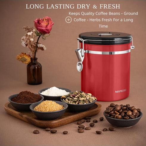 Mixpresso 16 Oz Red Coffee Canister, Stainless Steel Airtight Coffee Container, Air tight Jar Tea Storage with Date Tracker, Vacuum Sealed Espress...