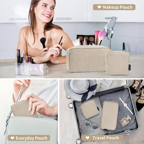 MAGEFY Makeup Bag for Purse, 2 Pcs Corduroy Cosmetic Bag for Girls Women Small Travel Makeup Pouch with Zipper(Beige)...