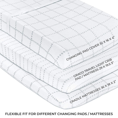 Changing Pad Cover Jersey Knit Cotton for Baby Boy Or Baby Girl Doubles As Cradle Sheet, Grey Dotted Stripes & Grey Grid Lines, (Pack of 2)...