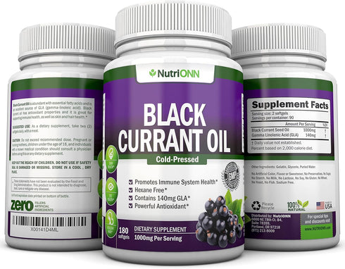 Black Currant Oil - 1000 Mg - 180 Softgels - Cold-Pressed Pure Black Currant Seed Oil - Hexane Free - 140mg GLA Per Serving - Regulates Hormonal B...