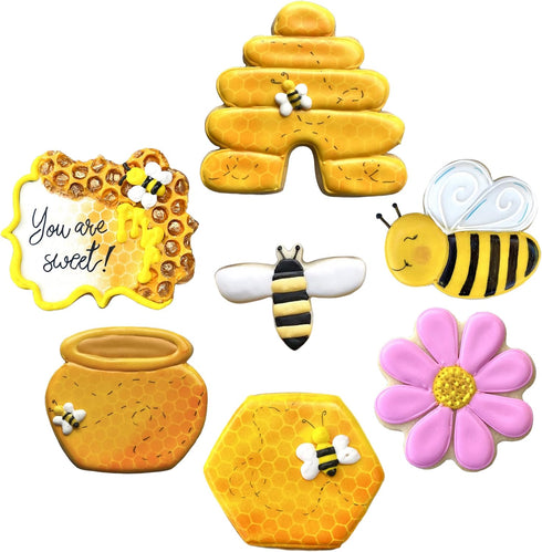 Bee Cookie Cutters 7-Pc. Set Made in the USA by Ann Clark, Cute Bee, Small Flower, Honey Pot, Beehive, Honeycomb and more...