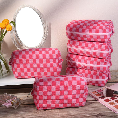 Checkered Makeup Bag Preppy Cosmetic Bag Bulk Pink Makeup Pouch Personalize Travel Toiletry Bag Organizer Cute DIY Makeup Brushes Storage Bag for ...