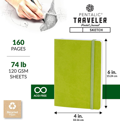 Pentalic 4" x 6" Pocket Sketchbook Traveler Journal, 160 Pages, Olive Green...