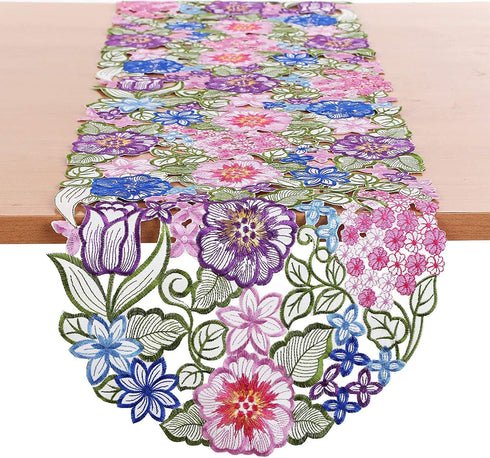 Flowery Table Runner 13"×54", Cutwork Embroidered Floral Flower Dresser Scarf for Home Kitchen Dining Tabletop Decoration (Runner 13"×54", Flower-...