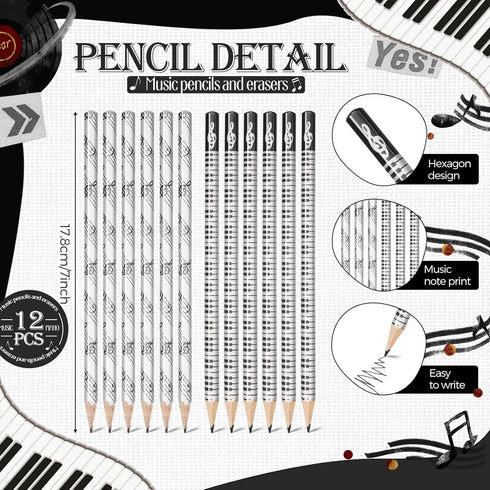 Music Pencils Music Note Pencil with Music Themed Erasers Wood Pencils Bulk Keyboard Fun Pencils Erasers Gift for Piano Students Kids Teachers Par...