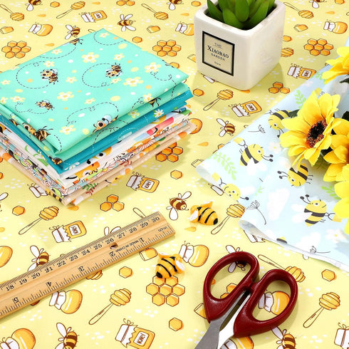 8 Pieces Bee Fabric Honey Bee Pattern Fabric Fat Quarters Bee Theme Quilting Fabric Bees Flower Printed Craft Fabric Bundles for DIY Sewing Quilti...