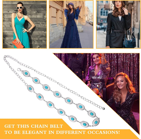 Concho Chain Waist Belts for Women, Turquoise Western Metal Belt Adjustable Cowgirl Belt with Buckle for Jeans Dresses...