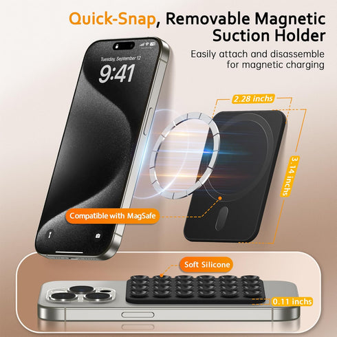 Magnetic Suction Cup Phone Mount, Hands-Free Silicone Phone Grip Holder Compatible with iPhone MagSafe Phone Case, Mirror Shower Phone Stand for i...