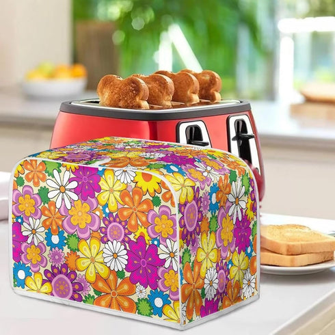 Daisy Print Food Toaster Cover Multicolor, Floral 2 Slice Wide Slot Toaster Cover Fingerprint Protector, Foldable Small Appliance Cover Anti-dust ...