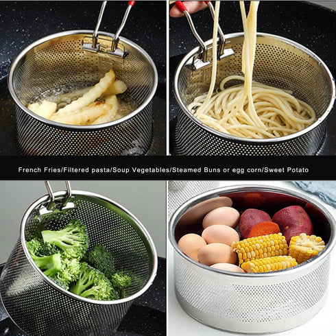 Tenta Kitchen Pasta Strainer Boiling Blanching Basket Vegetable Steamer Basket Stainless Steel Fryer Basket with Removable handle Insert for Veggi...