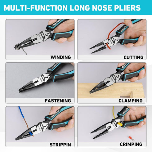 DURATECH 6-in-1 Needle Nose Pliers, 8.5" Multipurpose Long Nose Pliers with Wire Stripper/Crimper/Cutter Function, Heavy Duty Multifunctional Elec...