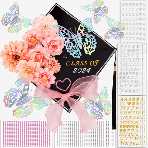 80UncleKimby Graduation Cap Decorations: DIY Grad Hat Topper Kit, Include Flowers Glitter Stickers Letters Butterflies - Handmade Decoration(No Gl...
