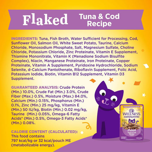 Wellness® Appetizing Entrées™ Flaked Tuna & Cod Recipe in Broth Natural Wet Cat Food, 1.4 oz Pouch (Pack of 8)...