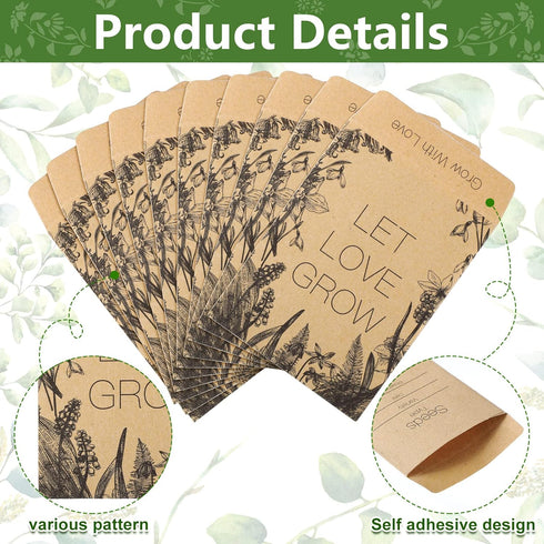 Teling 100 Pcs Let Love Grow Packets Unfilled Kraft Wedding Favors Packets Self Adhesive Rustic Seed Envelopes Small Storage Packets Retro Party F...
