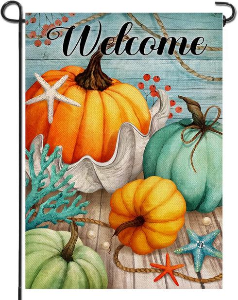 Welcome Fall Thanksgiving Teal blue Pumpkin Nautical Home Decorative Garden Flag, Autumn Yard Lawn Coastal Ocean Outside Decor, Beach Farmhouse Ou...