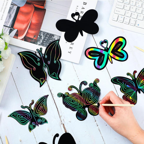 Sratte 120 Pcs Butterfly Scratch Cards 12 Styles Rainbow Spring Scratch Crafts Butterfly Party Favors with 60 Bamboo Stylus Kids' Paper Craft Kits...