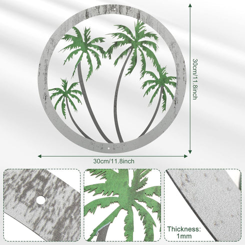 Zhengmy Metal Palm Tree Wall Art Decor Tropical Plaque Hanging Decor Decorative Art Antique Round Outdoor for Garden Home Patio Supplies, 12''(Gre...