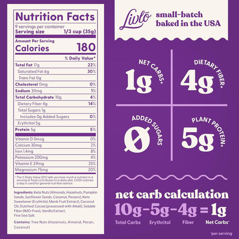 Livlo Keto Granola Cereal - 1g Net Carbs - Grain Free & Gluten Free Cereal - Low Carb Keto Snacks & Food - Ketogenic, Paleo & Diabetic Friendly - ...