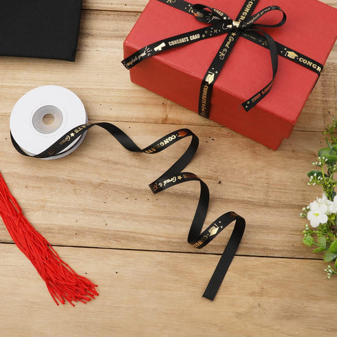 2023 Graduation Ribbon, White Graduation Ribbon with Gold Lettering for Party Favor Gift Wrapping Graduation Party Decoration 0.4Inchx10Yards (Bla...