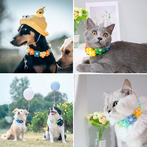 2PCS Dog Cat Collar Rainbow Hairball Flower Velcro Pet Necklace Cute Neck Strap for Pet Costume Supplies...