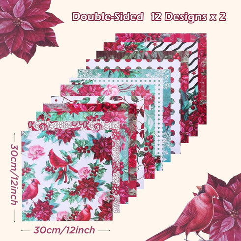 Double-Sided Christmas Scrapbook Paper, 12 Inch Poinsettia Berry Holly Pattern Paper Pad 24 Sheets Red Floral Decorative Craft Paper for Card Maki...