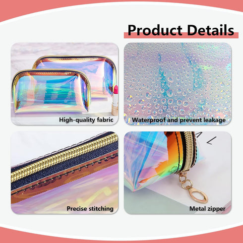 Holographic Makeup Bag Iridescent Cosmetic Pouch Clear Waterproof Portable Travel Cosmetic Pouch TPU Zippered Toiletry Organizer bag for Women 3PC...