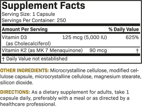 Futurebiotics Vitamin K2 (MK7) with D3 Supplement - Non-GMO Formula - 5000 IU Vitamin D3 & 90 mcg Vitamin K2 MK-7, 250 Vegetarian Capsules...