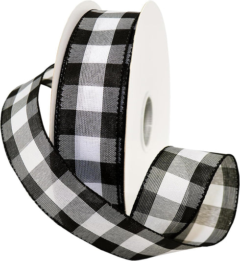 Morex Ribbon 7398.40/50-613 Cambridge 1.5" X 50 YD Wired Ribbon, Black and White, Buffalo Check Plaid Ribbon for Gift Wrapping, Christmas Decorati...