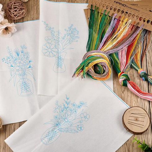 Boutigem 3 Pack Embroidery Kit for Beginners Flower Vase Pattern Fabric Cross Stitch Set with Embroidery Cloth Threads Needle Wire for DIY Sewing ...