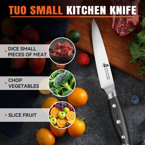 TUO Utility Knife - 5 inch Kitchen Chefs knife - Meat, Fruit, Vegetable Knife Paring Knife - German HC Steel - Full Tang Pakkawood Handle - BLACK ...