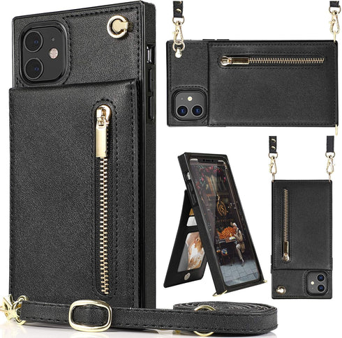 HOGGU Compatible for iPhone 11 case,Crossbody Wallet Case Leather with Card Holder,Kickstand,Magnetic Closure Flip Folio Zipper Purse,Adjustable R...