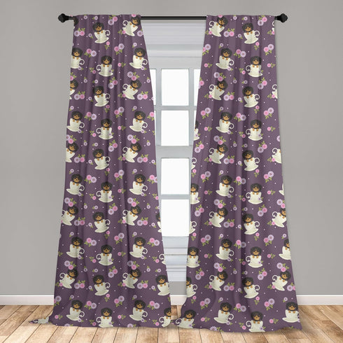 Ambesonne Tea Party Window Curtains, Dachshund Dogs Sitting Inside Cups and Wildflowers Aster Pets Graphic, Lightweight Decor 2-Panel Set with Rod...
