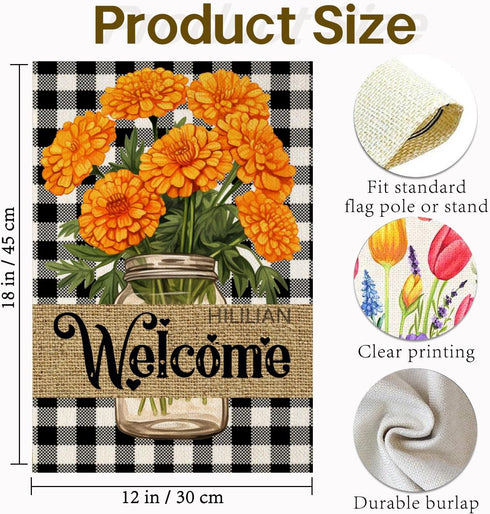Marigolds Garden Flag for Outside Buffalo Plaid Check Welcome Flags Small 12x18 Inch Double Sided Yard Flag for Spring Summer Winter Home House Ou...