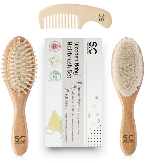 Baby Hair Brush and Baby Comb Set for Newborn, Boy and Girl - Wooden Baby Brush w/Soft Goat Bristles for Cradle Cap - Infant, Toddler Hair Brush, ...
