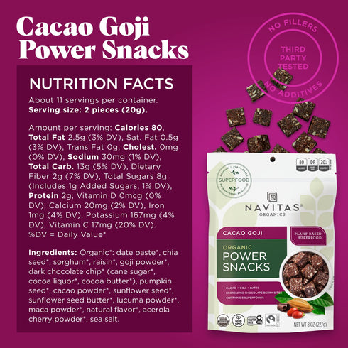 Navitas Organics Superfood Power Snacks, Cacao Goji, 8 oz. Bag, 11 Servings — Organic, Non-GMO, Gluten-Free...